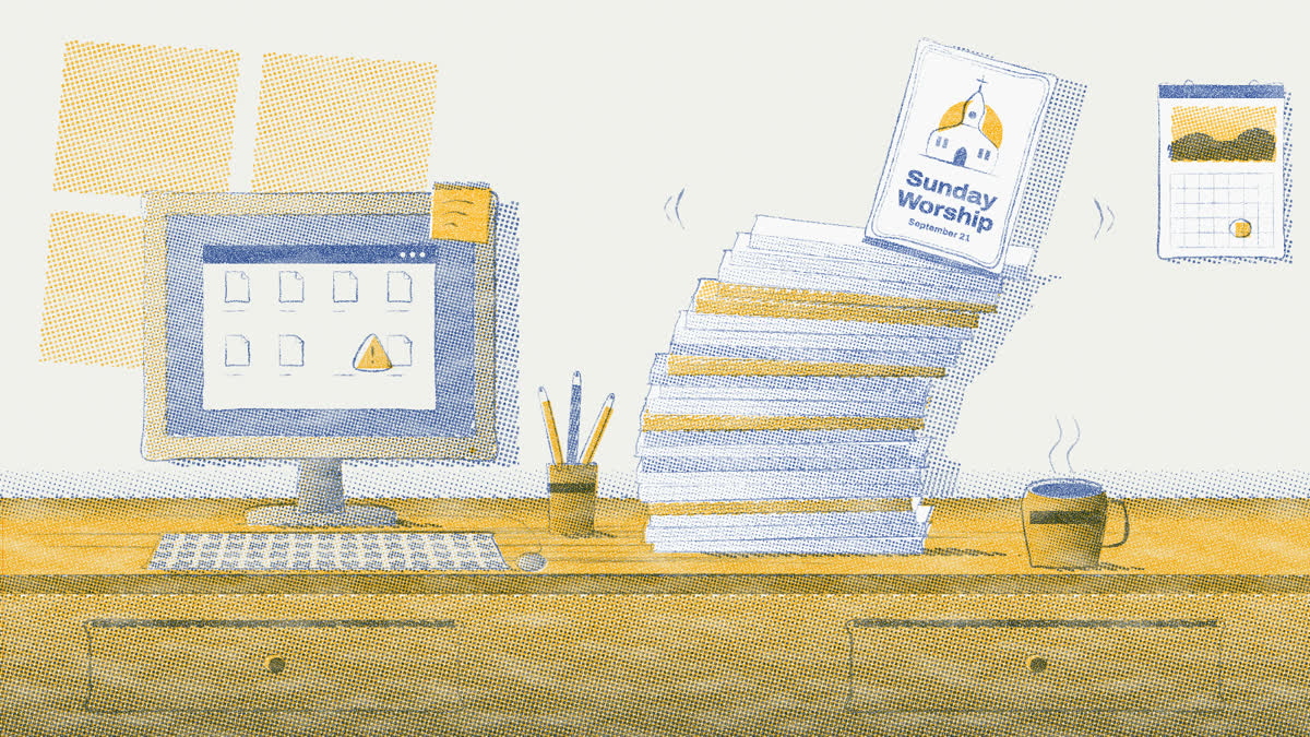 Drawing of a church office desk: a computer showing a warning sign, and a tall, leaning stack of old Sunday Worship bulletins with the top one about to slide off.