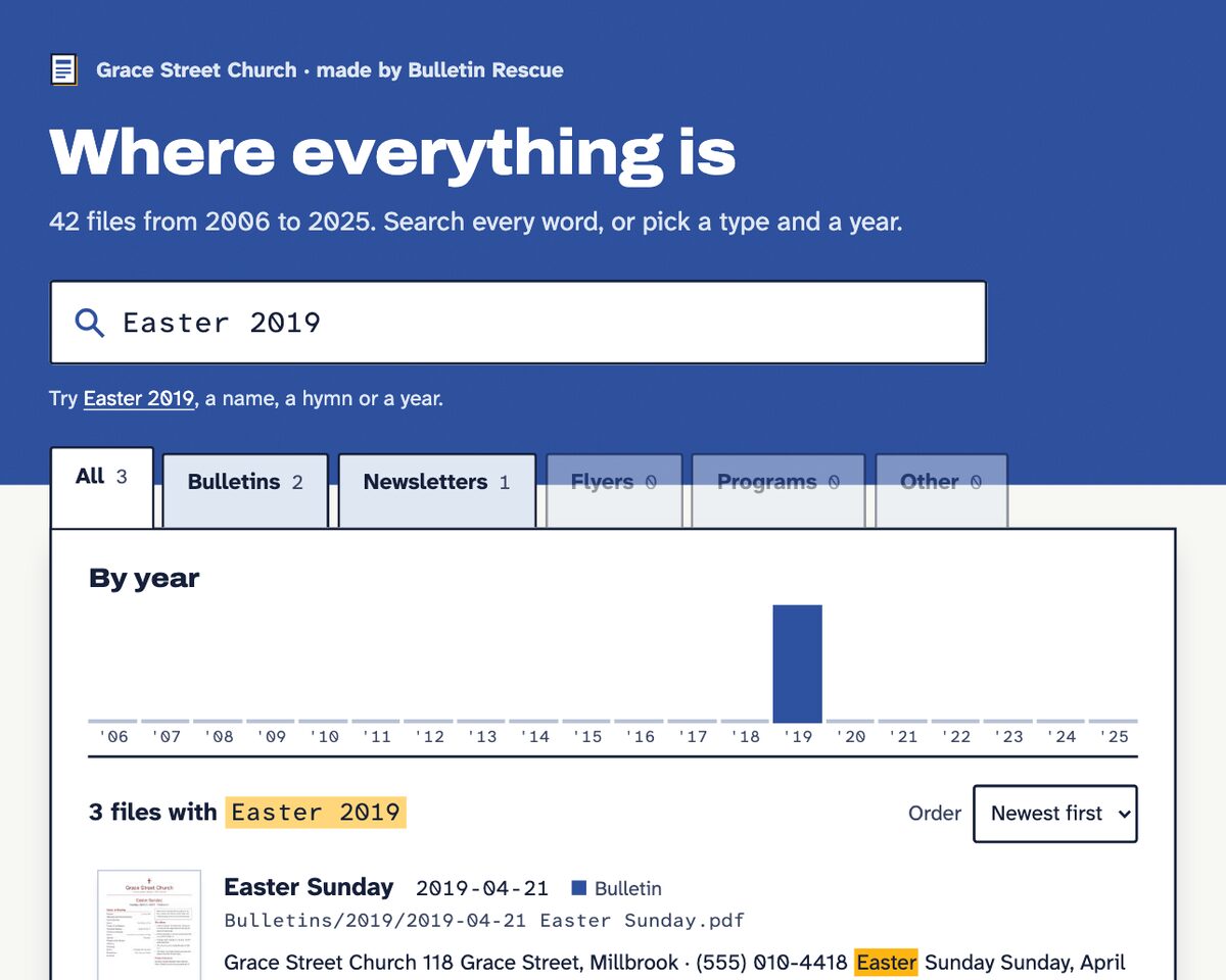 The Grace Street search page with Easter 2019 typed in. It finds 3 files, with the Easter Sunday bulletin of April 21, 2019 first, and the words Easter and 2019 highlighted.