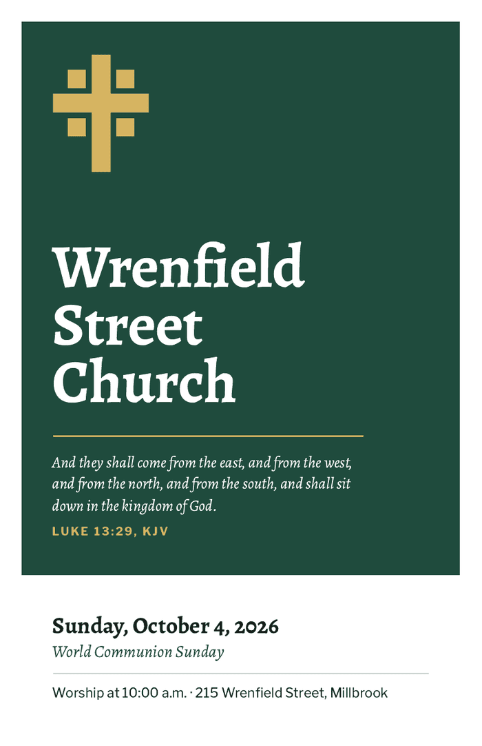 Cover of the Wrenfield Street Church bulletin: a deep evergreen panel with a gold cross mark and the church name set large, and the date in a white strip below.