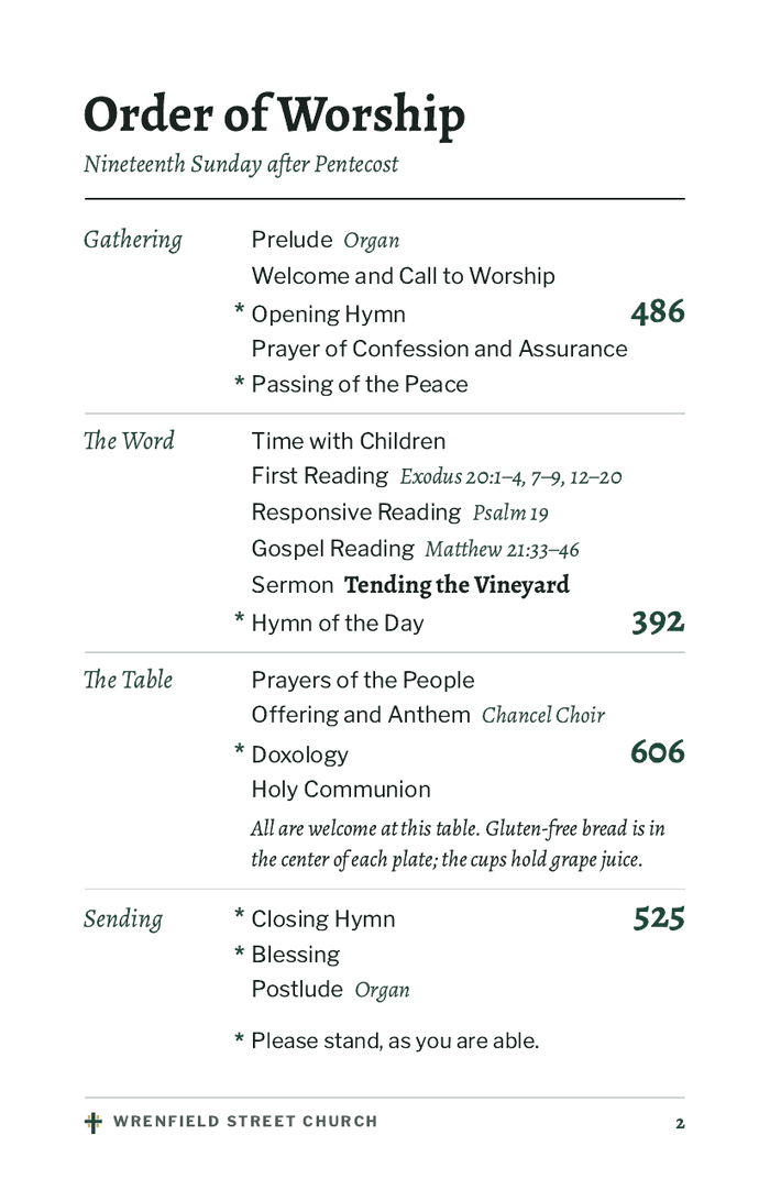 Inside left page of the Wrenfield Street Church bulletin: a two-column order of service with hymn numbers set large in their own column.