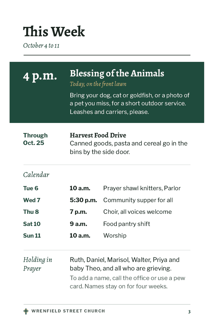 Inside right page of the Wrenfield Street Church bulletin: announcements and upcoming events in the same two-column grid.