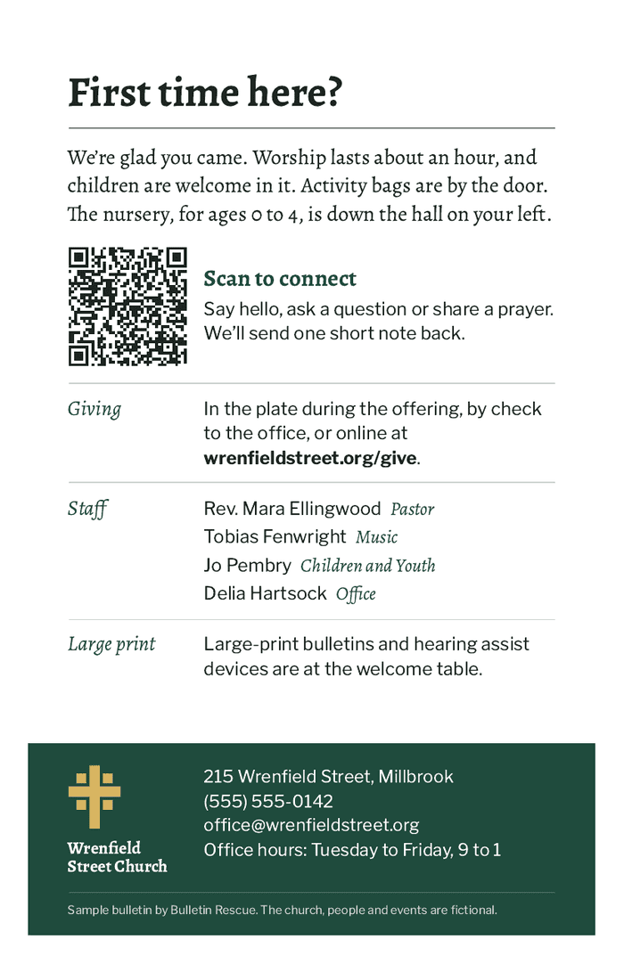 Back cover of the Wrenfield Street Church bulletin: office contact information and the small-print note that the church is fictional.