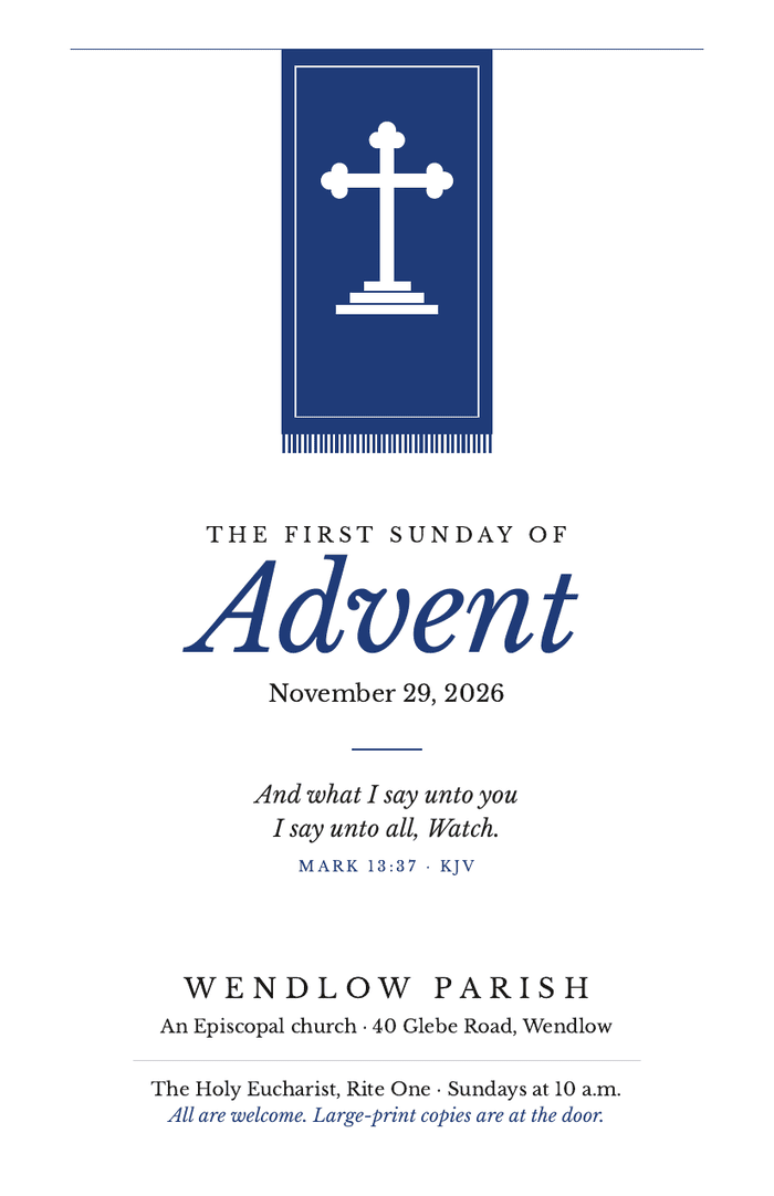 Cover of the Wendlow Parish bulletin: a white, centered title page with a hanging parament in the season color and the parish's cross.