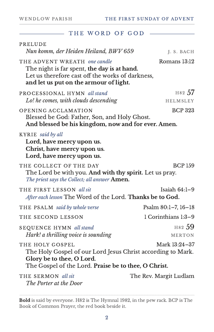 Inside left page of the Wendlow Parish bulletin: the order of service with the people's words in bold and rubrics in italic season color.