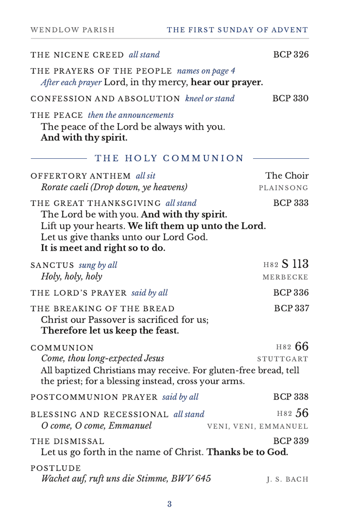 Inside right page of the Wendlow Parish bulletin: continued liturgy, hymn titles, and the readings for the day.