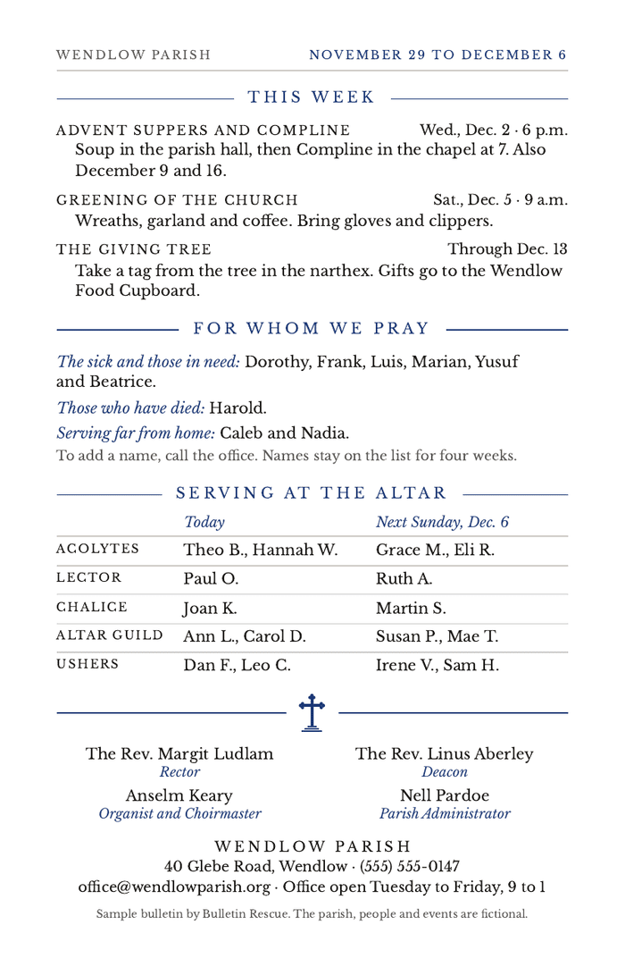 Back cover of the Wendlow Parish bulletin: parish office information and the small-print note that the parish is fictional.
