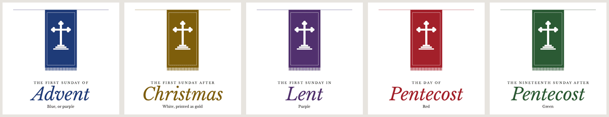 The same Wendlow Parish cover shown in five liturgical seasons: blue for Advent, gold for Christmas and Easter, green for the season after Epiphany and after Pentecost, purple for Lent, and red for Holy Week and Pentecost.
