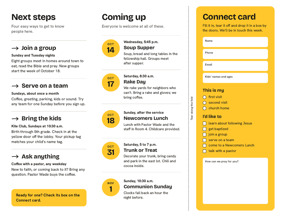 Inside of the Tansy Ridge Community Church tri-fold: a Next steps panel, a Coming up calendar with round dot stickers for dates, and a connect card that tears off along the fold.