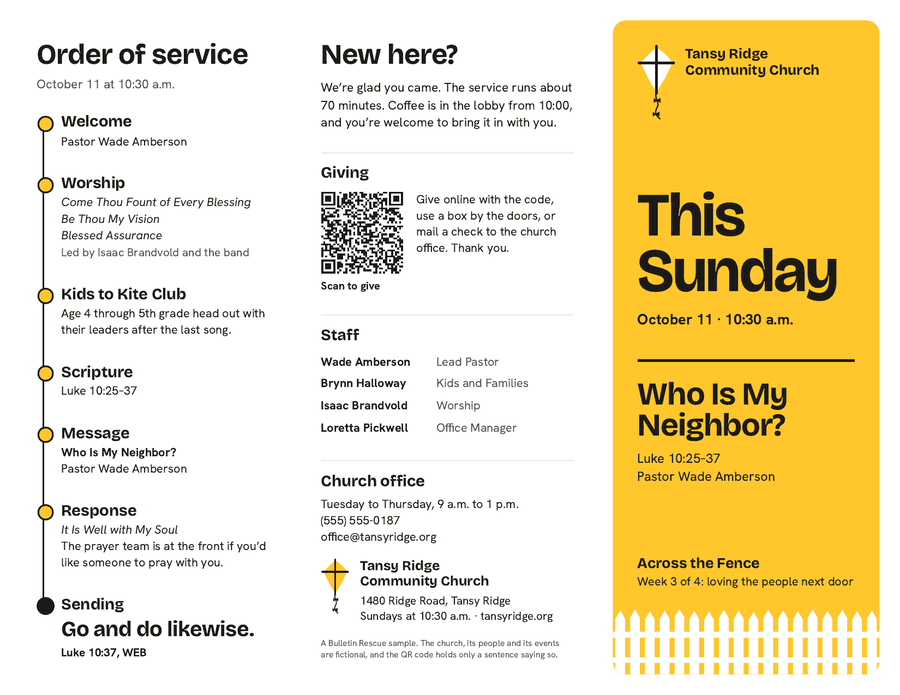Outside of the Tansy Ridge Community Church tri-fold: the This Sunday cover panel, the order of service flap, and the back panel with New here, giving and office information.